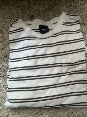Vans White Navy & Beige Striped Short Sleeve Pocket Tee